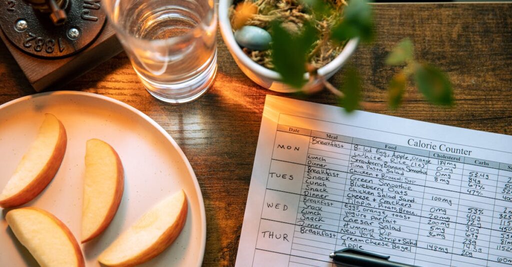Top view of apple slices, water, and a calorie counter sheet on a wooden table promoting a healthy lifestyle.