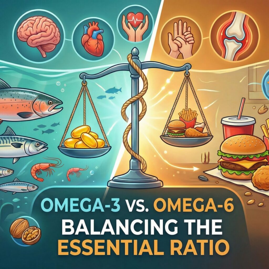 A split-screen infographic titled "Omega-3 vs. Omega-6: Balancing the Essential Ratio." The left side (Omega-3) features cool blue tones with illustrations of salmon, mackerel, fish oil softgels, and walnuts. The right side (Omega-6) features warm orange tones with illustrations of vegetable oil, fried chicken, burgers, and snack bags. A central scale balances the two sides, illustrating the importance of dietary balance.