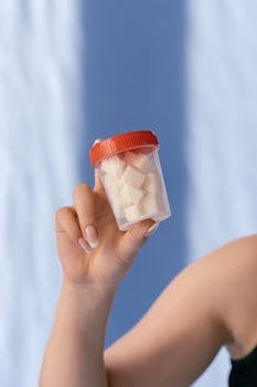 Close-up of a hand holding sugar cubes in a transparent plastic container with a red cap.