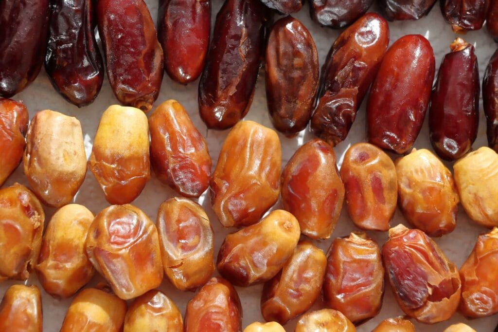High-resolution image of different varieties of dried dates arranged in rows, showing texture and color.