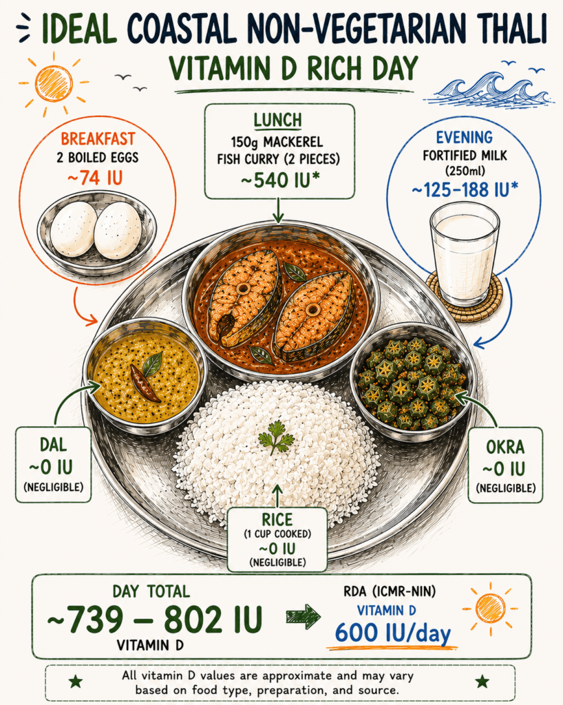 Sketch of Ideal costal Thali and breakfast with mackerel curry, eggs, rice