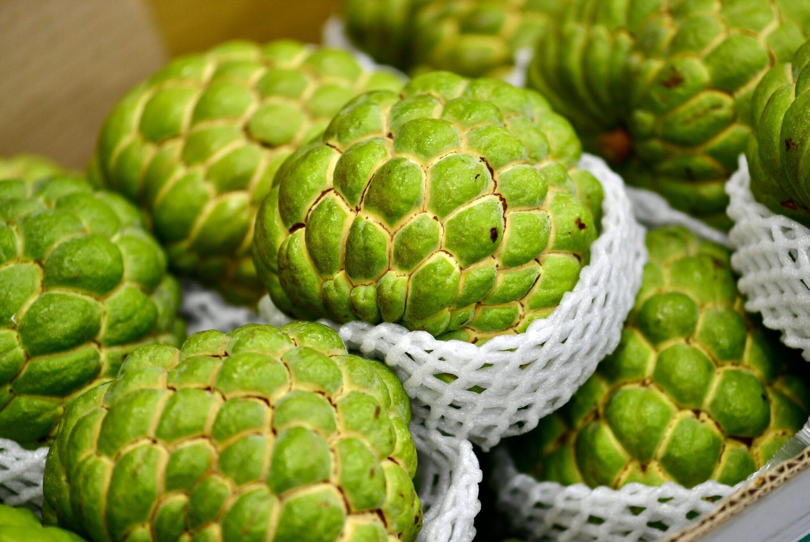 Close-up of fresh Annona squamosa, also known as sugar apples, in a Taipei market.