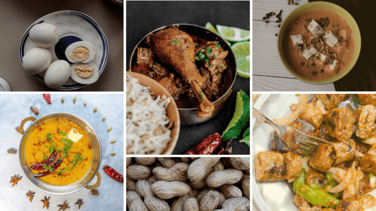 High protein Indian foods — eggs paneer dal soy chunks peanuts chicken