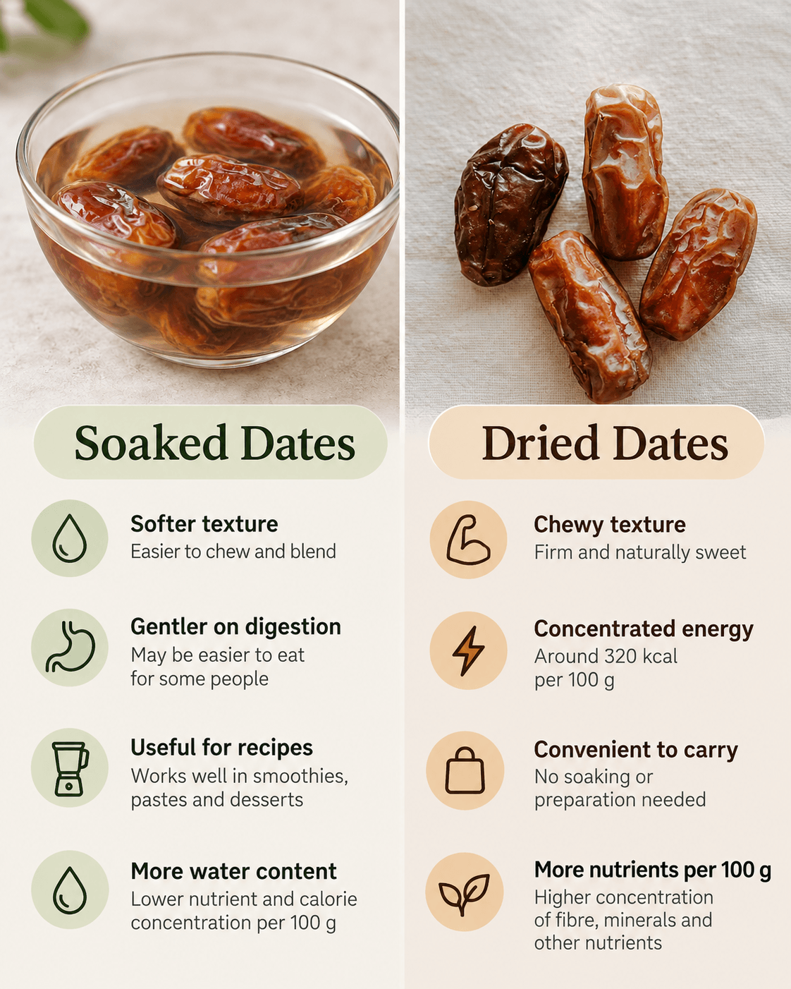 Soaked vs Dried Dates Comparison Infographic